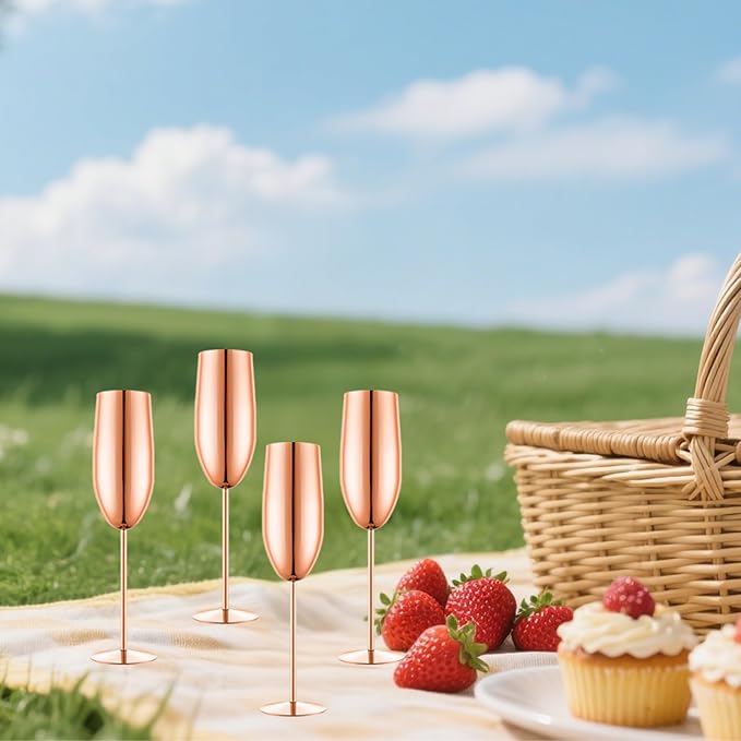 Stainless Steel Champagne Flutes Set of 4-Wedding &Birthday Gifts,8.5 Oz Unbreakable Champagne Glass with Long Stem,Reusable Indoor Outdoor Drinkware (Rose Gold)
