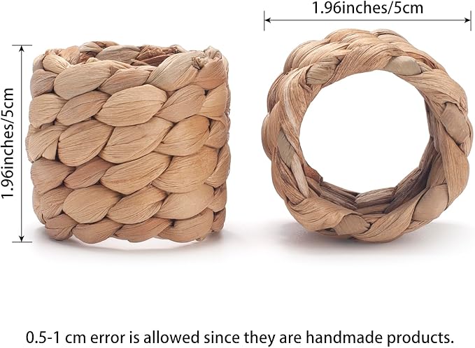 Napkin Rings Set of 6, Handmade Water Hyacinth Boho Napkin Rings, Rustic Farmhouse and Beach-Inspired Rattan Napkin Ring for Elegant Table Decoration, Perfect for Christmas Table Decor, Wedding Decor