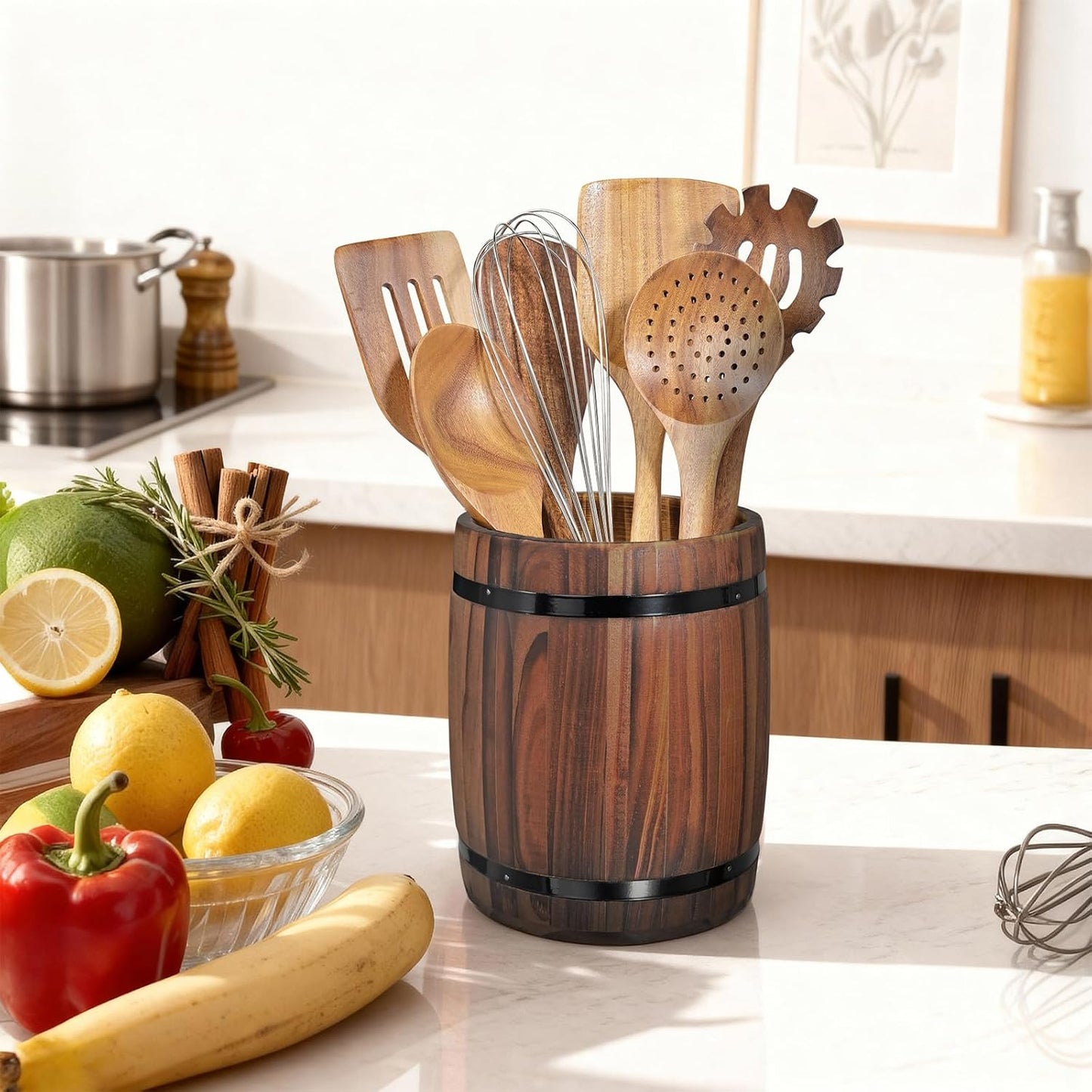 Tomato Garden Wooden Utensil Holder, Brown, Barrel Shape, Holds Spoons and Scoops, Wine Barrel Design, Painted, Smooth Surface, Sturdy Construction