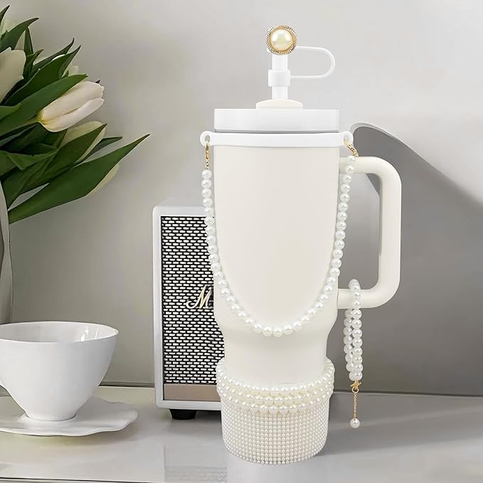 Cup Accessories for Stanley 30/40oz Tumbler containing Pearl Straw Cover Topper, Silicone Cup Boot, Water Bottle Handle Strap& Pearl Bracelets Charms(White Pearls)