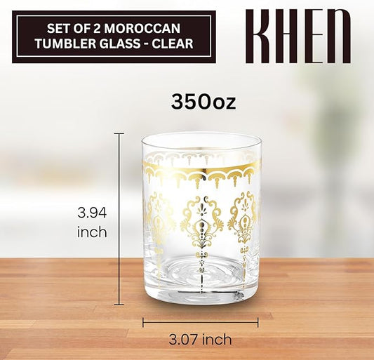 Khen Clear Moroccan Tumbler Glassware | Set of 2 | Gold Ornate Vintage Decorative Drinking Cups, Retro Bohemian Pattern Barware for Water, Whiskey, Cocktail, Iced Tea, Durable Embossed Home Drinkware