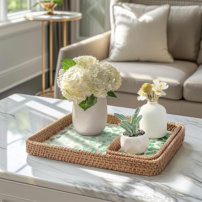 Rattan Serving Tray with Mother of Pearl Inlay,Set of 3 Wicker Serving Tray Boho,Hand-Woven from Natural Rattan, Serving Baskets for Home Decor and Coffee Table Decor (Midnight Leaf)