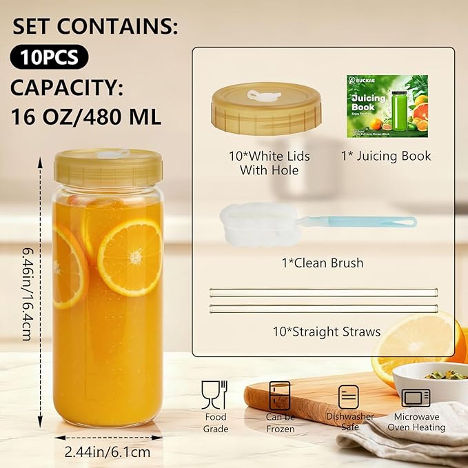 Ruckae 16oz 10 Pack Glass Juice Bottles with Dual Scale, Reusable Glass Bottles with Hole Lids and Straws Mason Jar for Juicing, Smoothies, Kombucha - Water Bottle for Fridge or Gym (Gold)