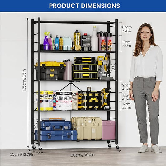 ALANNG 40" W Foldable 5-Tier Storage Shelves with Wheels, Adjustable & Removable Metal Rack, Heavy Duty Rolling Organizer for Kitchen, Garage, Closet, Pantry, and Office (Black,2 Pack)