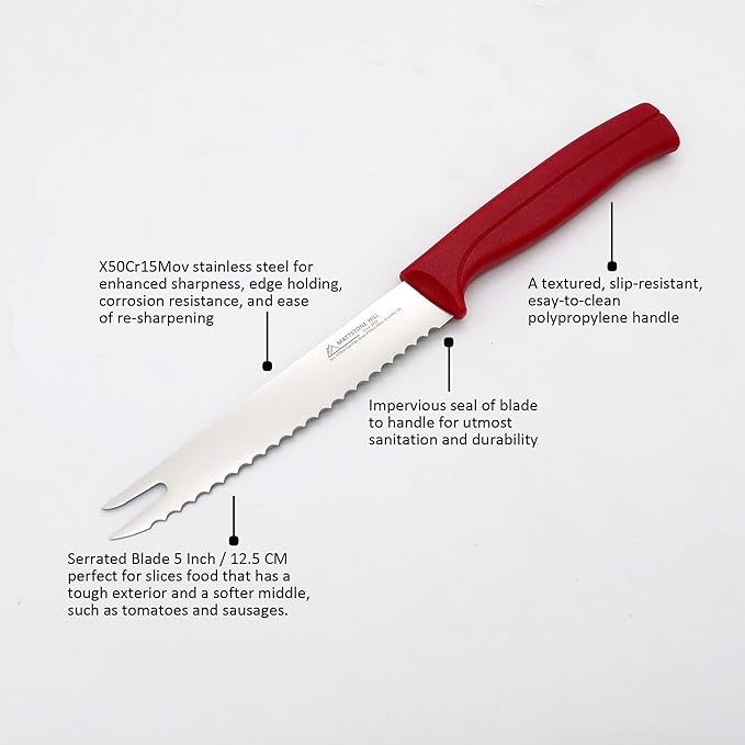 Tomato Knife - MATTSTONE HILL 5 Inch Serrated Kitchen Utility Knife, Serrated Cheese Tools, German X50CrMoV Steel, Red Handle