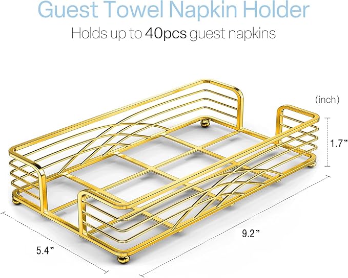 Gold Guest Towel Holder Tray for Bathroom – Countertop Napkin Organizer for Disposable Paper Towels, Elegant Hand Towel Rack for Powder Room, Modern Guest Bathroom Accessories