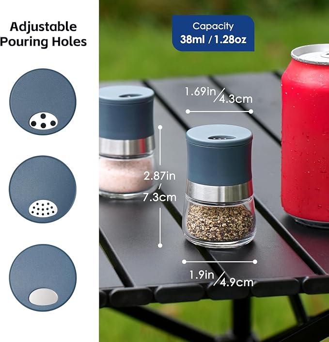 Vzaahu Mini Salt and Pepper Shakers 2 Set Blue1.28oz, Small Spice Dispenser with Adjustable Pour Holes, Perfect for Table, Kitchen, Travel