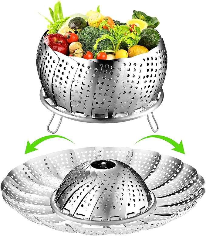 FOFAYU Vegetable Steamer Basket for Cooking, Stainless Steel Veggie Fish Food Steamer Basket, Folding Expandable Steamers to Fit Various Size Pot