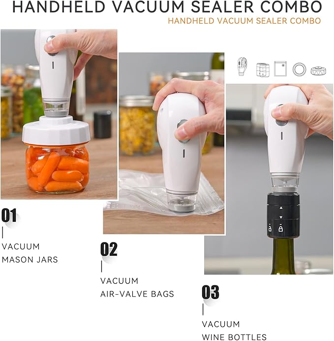 Electric Vacuum Sealer Kit, All in One for Mason Jars, Bags, and Wine Bottles, ideal for food storage, beverage saver, meal prep, pickling and preserving