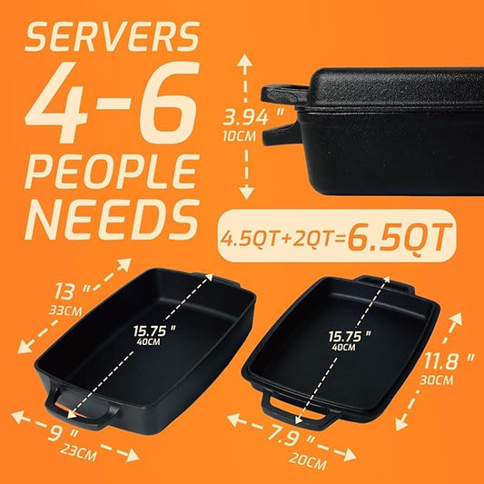 IPROUDER 2-in-1 Pre-Seasoned Cast Iron Casserole Dish with Skillet Lid, Cast Iron Dutch Oven, Rectangular Baking Pan, Baking Dish for Lasagna, Sourdough Bread,13"x9"