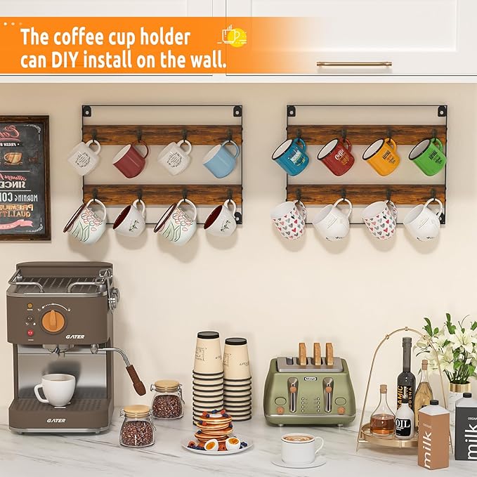 Wall Mount Coffee Mug Holder - Rustic Wood and Iron, Holds Up to 24 Mugs (3Pack) for Kitchen, Home, Coffee Bar