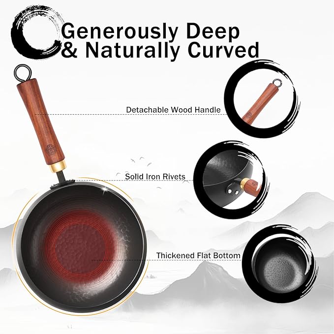WANGYUANJI Iron Wok Pan 9.5-Inch for 1–2 People, Flat Bottom Stir Fry Wok with Lid & Spatula,Uncoated & Unseasoned Bare Iron, Heavier Design for High-Heat Cooking, Induction Compatible