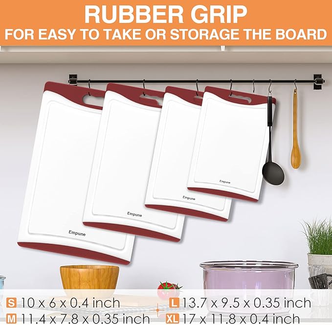 Extra Large Cutting Boards, Plastic Cutting Boards for Kitchen (Set of 4) Cutting Board Set Dishwasher Chopping Board with Juice Grooves Easy-Grip Handles, Red, Empune