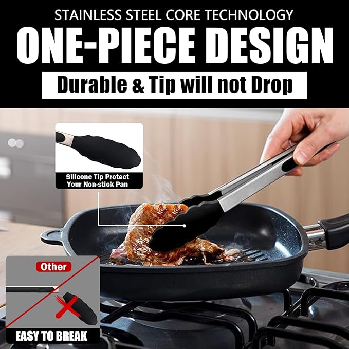 Kitchen Tongs with Silicone Tips, Kitchen Tongs, Cooking Tongs, Premium Stainless Steel Locking Cooking Tongs, Non-Slip Food Tongs for Cooking, Heavy Duty, Non-Stick, 480℉, Set of 3-7"/9"/12" Black