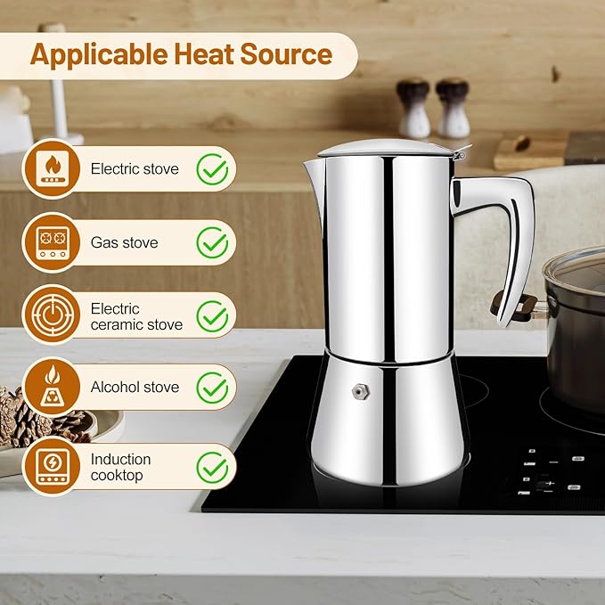 Vaolvpant No Coating 12 Cup Thickened 304 Stainless Steel Moka Pot Stovetop Espresso Maker Italian Coffee Machine 600ml 20.3oz Suitable for Gas Induction Stovetop Greca Coffee Maker Percolator