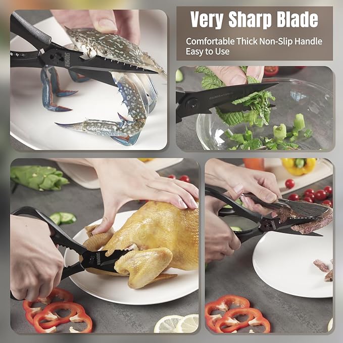 Kitchen Scissors All Purpose, Extra Sharp Kitchen Shears with Knife Sharpener & Sheath, Solid & Durable Stainless Steel Scissors with ANTI-RUST Black Titanium Plated, Dishwasher Safe - Grey