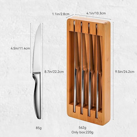 Serrated Steak Knife Set of 8 with Block Holder, Steak Knife with Storage Box Drawer Insert Organizer Bamboo Case, Dishwasher Safe, Silver