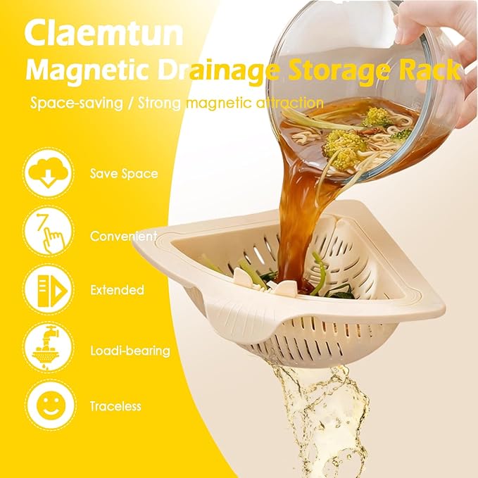 Magnetic Drainage & Filter Basket,No Drilling Required Twist-off base Triangular Design for Kitchen Sink Strainers without Drilling Ideal for cleaning Fruits, Vegetables, and Food Scraps (White)