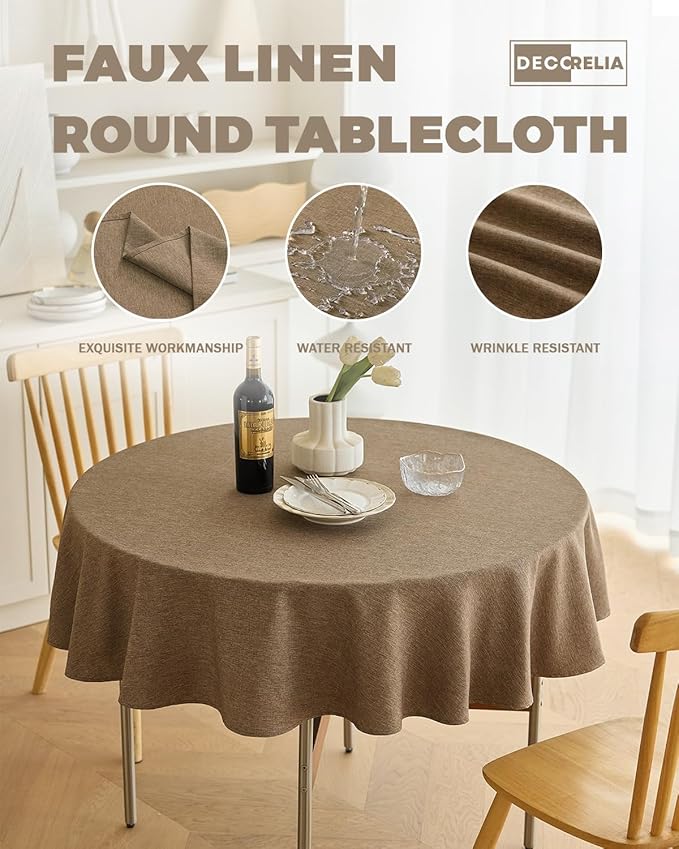 Waterproof Kitchen Faux Linen Round Tablecloth, Decorative Fabric Burlap Texture Farmhouse Soft Table Cloth Cover for Dining Party Indoor Outdoor Use (60 Inch, Round (2-4 Seats), Coffee)