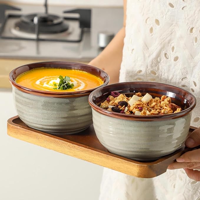 MEKY 20OZ Cereal Bowls Set of 6, Ceramic Soup Bowls for Kitchen, Serving Bowls for Oatmeal Ice Cream Pasta Rice Salads Desserts, Modern Durable Reusable Bowls for Daily Meals & Everyday Use, Brown