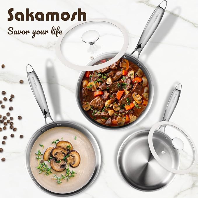 SAKAMOSH 1.5 Quart Tri-ply Stainless Steel Saucepan with Glass Lid, Induction Sauce Pan Compatible with All Cooktops, Non-Toxic Sauce Pot with Stay Cool Handle, Oven & Dishwasher Safe