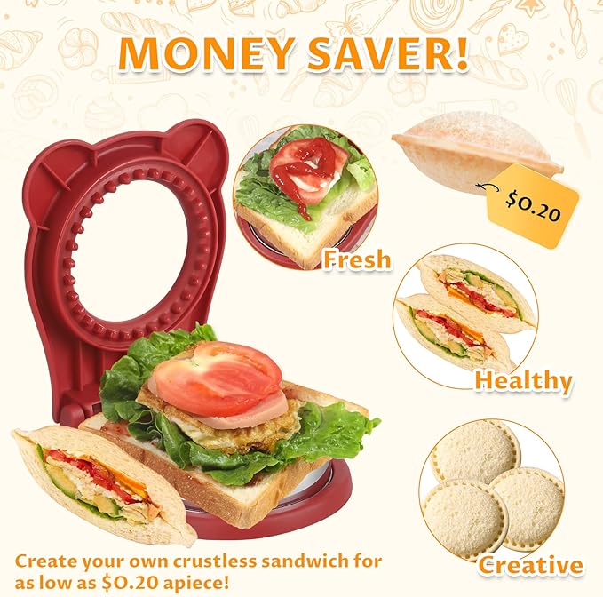 Uncrustable Sandwich Maker,Sandwiches Pocket Circle Shape 3.7Inch Sandwich Cutter and Sealer,Sandwich Cutter for Kids Breakfast and lunchboxes (Red)