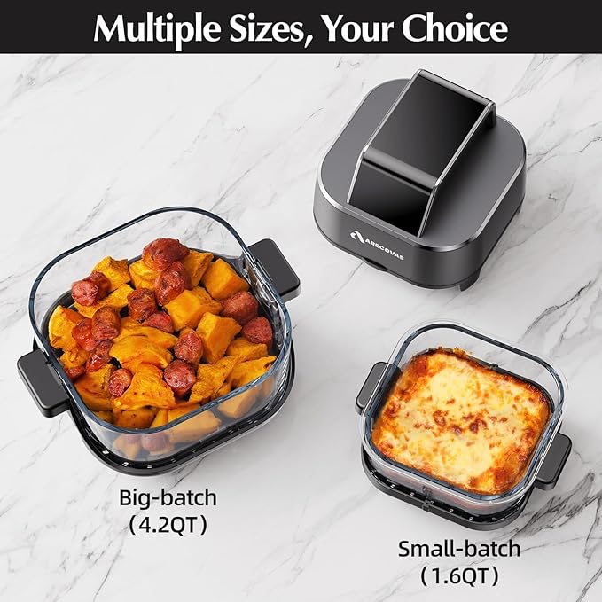 Arecovas 4-in-1 Portable Glass Air Fryer, 140–400°F Precise Heat, Max Crisp Technology, 4.2QT & 1.6QT Dual Containers with Lids, Freezer & Dishwasher Safe, Bake, Recrisp, Air Fry