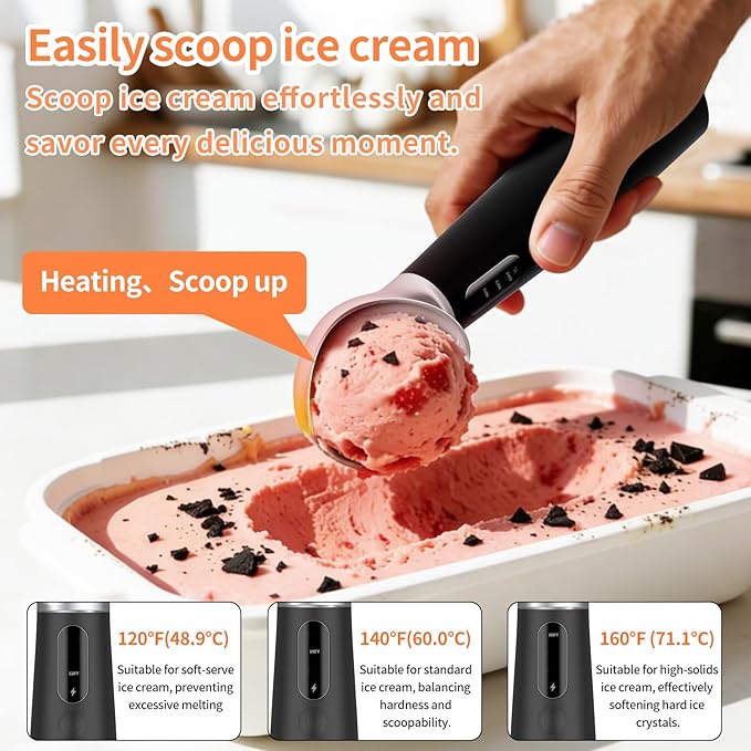 Heated Ice Cream Scoop Rechargeable, IP67 Waterproof Electric Warming Ice Cream Scooper with LED Display, Heats to 70°C for Hard Ice Cream, Easy for Seniors & Kids (Black)