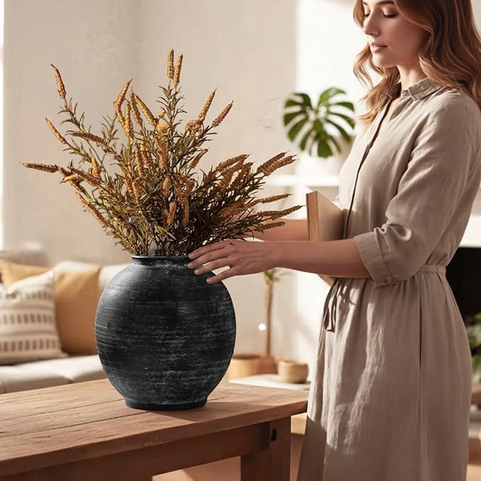 Large Black Ceramic Vase Home Decor, Round Farmhouse Table & Floor Vases Rustic Vintage Living Room Entrway Kitchen Bedroom Decorations，Minimalist Hand-Made Textured Vase (10.8” H Black Bronze)