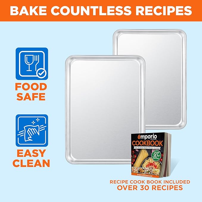 Baking Pan Set - Medium and Large Aluminum Cookie Sheet Pan (10.5" x 15" and 13" x 18"), PFOA, PFOS, PTFE Free, Recipe Booklet Included, Oven Safe, Resist Heat Up To 500° F, Set of 2