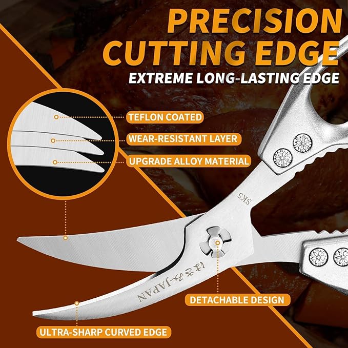 Huusk Kitchen Shears Set Silver - Professional Seafood & Kitchen Scissors Set, Sharp Japanese-Style Cooking Scissors for Crab, Shrimp, Lobster, Herbs and Food Prep, Christmas Gifts for Men Women