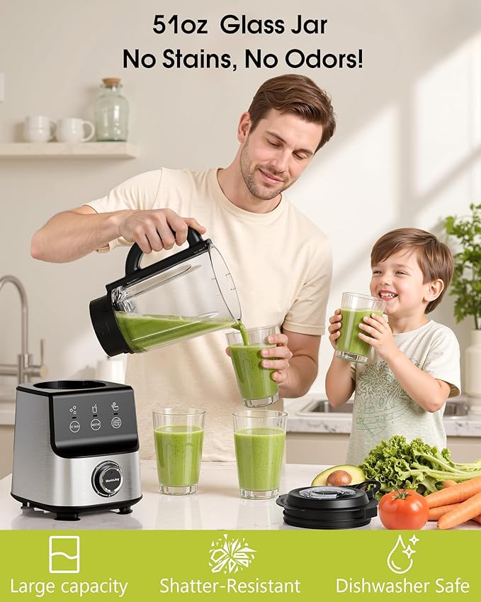 HoninJoy Countertop Blenders for Kitchen, 1400W Professional Blender for Smoothies, 3 Functions with 5 Speeds Smoothie Blender, with 51-oz Glass Jar, Grinder & Portable Cup Combo, Self-Cleaning