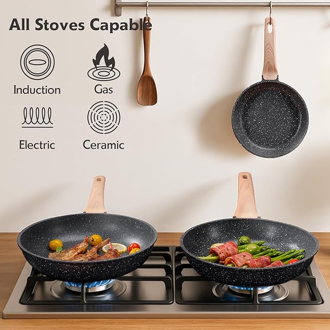 Roomena 12 inch Nonstick Frying Pan Skillet, Non Stick Granite Fry Pans, Omelette Pan, Egg Frying Pan with Heat-Resistant Handle, Requires Installation, PFOA Free Chef's Pan, Induction Compatible
