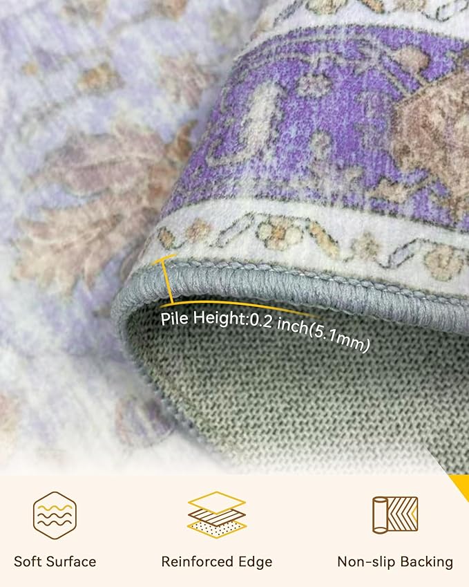 Area Rugs 6ft Washable Non-Slip, Floral Vintage Distress Print Pattern Medallion Carpet for Living Room Bedroom Dining Room, Light Purple Brown