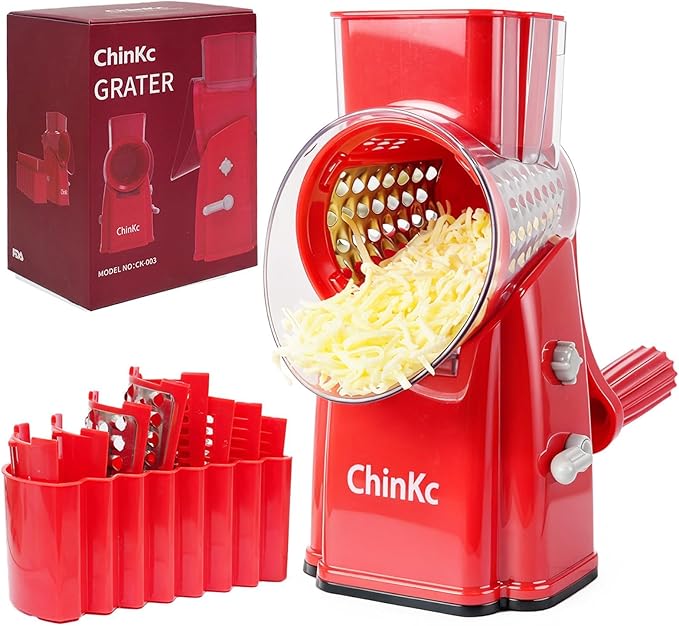 Upgrade Rotary Cheese Grater Shredder with Handle, Strong Suction Base, Multi-purpose Rotary Grater Slicer with 5 Interchangeable Blades for Ice, Vegetables, Fruit, Nuts with Blade Storage Box