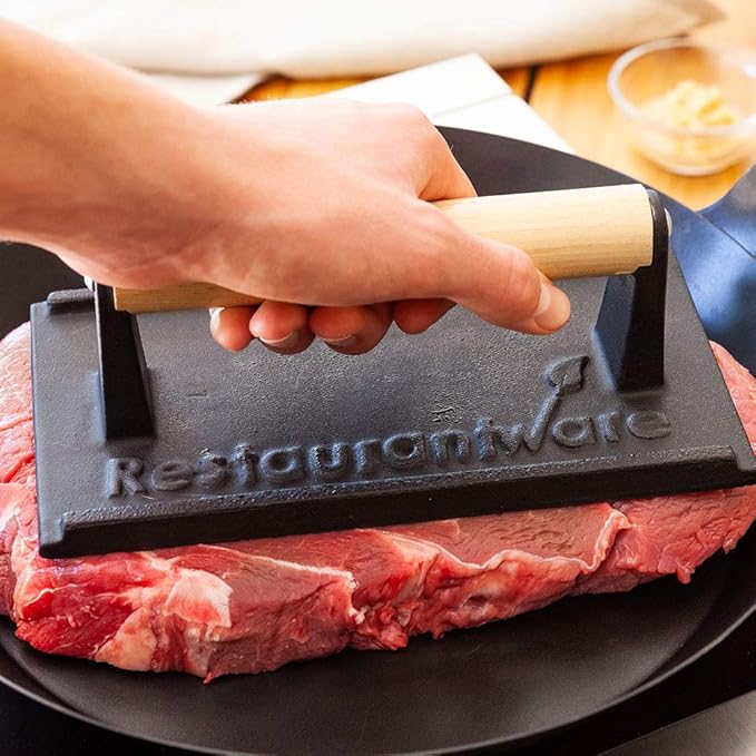 Restaurantware-7.9 x 3.9 x 2.8 Inch Bacon Press, 1 Heavy-Weight Burger Press - With Wooden Handle, Enamel Coating, Black Cast Iron Grill Weight, Textured Bottom, For Steak, Panini, And Grilled Cheese