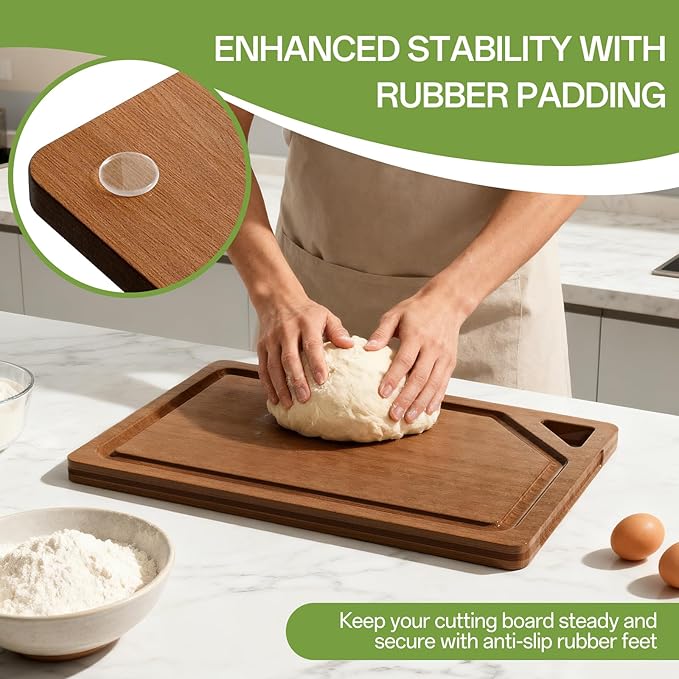 Bamboo Cutting Board Set with Holder，3 Packs Wood cutting boards with Non-Slip Rubber Padding, Deep Juice Grooves & Built-in Handles, Bamboo Chopping Boards Set for Meat, Vegetables and Fruits