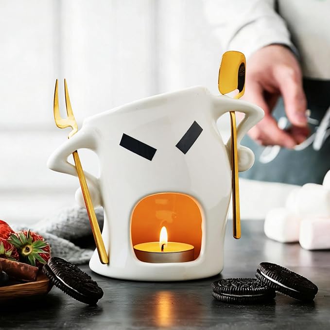 Ceramic Fondue Mug with Spork, Microwave Safe Personal Melting Cup for Chocolate & Cheese Dipping, Ideal Mini Fondue Set
