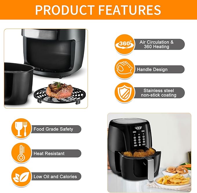 GCQ Air Fryer Grill Pan for Gourmia GAF536 GAF556 GAF566 5QT Air Fryer, 8.8''×8.4'' Nonstick Air Fryer Replacement Tray Parts Rack Basket Accessories Grill Plate Crisper Plate with Rubber Bumpers