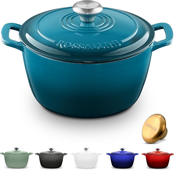 ROSSALLINI Signature Enameled Cast Iron Dutch Oven, Non-Stick Serving Pot with Tight Fitting Lid for Perfect Roasting, Baking, Sauteing, and Bread Making | 5.5Q (5.2L) - Ocean Blue