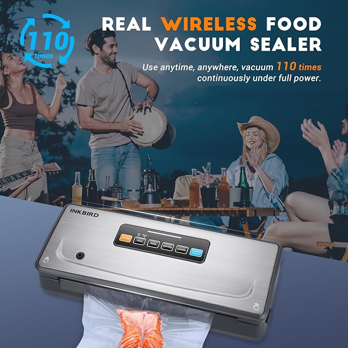 INKBIRD Rechargeable Cordless Vacuum Sealer Machine with 20Ft Bag Storage and Cutter, 5 Food Modes with Starter Kits, Portable & Airtight Vacuum Food Sealer for Camping Fishing Picnic