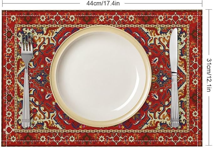 Boho Tribal Ethnic Placemats Rustic Farmhouse Retro Red Floral Art Printed Dining Table Mats Set of 4 for Restaurant Home Kitchen Holiday Picnic Party Decor 12x18in