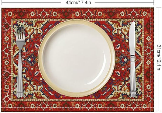 Boho Tribal Ethnic Placemats Rustic Farmhouse Retro Red Floral Art Printed Dining Table Mats Set of 4 for Restaurant Home Kitchen Holiday Picnic Party Decor 12x18in