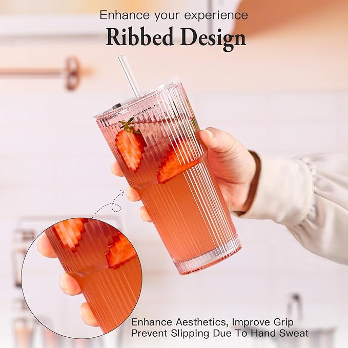 4PCS Pink Ribbed Glass Cups with Lids and Straws, 20oz Vintage Drinking Glasses, Aesthetic Iced Coffee Cups, Glass Tumbler for Boba, Beer, Tea, Cocktails, Ribbed Glassware Set,Pink