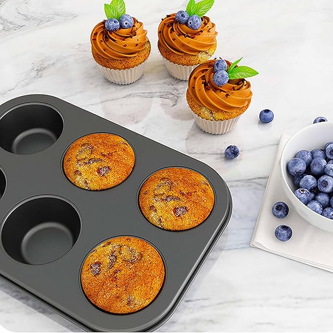 2 Packs 6-Cup Muffin Baking Pan Tin, Small Round Muffin Tin, Nonstick Cupcake Pans, Cheesecake Pans, Carbon Steel, Black