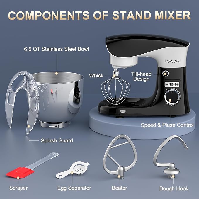 POWWA Stand Mixer, 6.5QT 10 Speeds Tilt-Head Electric Stand Mixer, 3-In-1 Kitchen Mixer with Bowl, Dough Hook, Whisk and Beater, Food Mixer for Baking and Daily Use (BLACK WHITE)