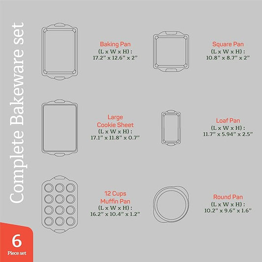 Emporio Kitchen Baking Pan Set - Nonstick Coating, Carbon Steel Bakeware Sets with Gray Silicone Handles, PFOA, PFOS, PTFE Free, Recipe Booklet Included, Oven Safe Tray (Up To 450° F), Set of 6 - Gray