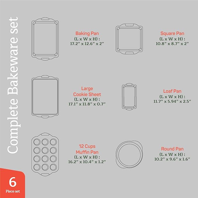 Emporio Kitchen Baking Pan Set - Nonstick Coating, Carbon Steel Bakeware Set with Red Silicone Handles, PFOA, PFOS, PTFE Free, Recipe Booklet Included, Oven Safe Tray (Up To 450° F), Set of 6 - Black