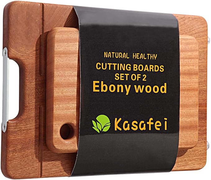 KASAFEI Ebony Kitchen Cutting Board, Wooden Chopping Board, Durable, Solid Wood, Suitable for Cutting Meat, Cheese, Vegetables, Fruit, Raw and Cooked Food, Grooved Tray with Handle [Set of 2]