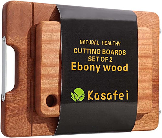 KASAFEI Ebony Kitchen Cutting Board, Wooden Chopping Board, Durable, Solid Wood, Suitable for Cutting Meat, Cheese, Vegetables, Fruit, Raw and Cooked Food, Grooved Tray with Handle [Set of 2]